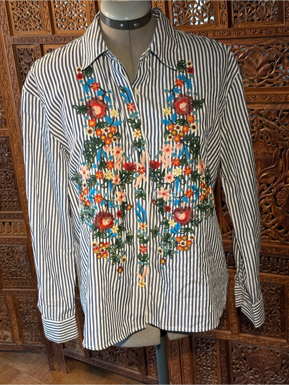 Striped Button-Down Shirt with Colorful Floral Embroidery - Blue/White